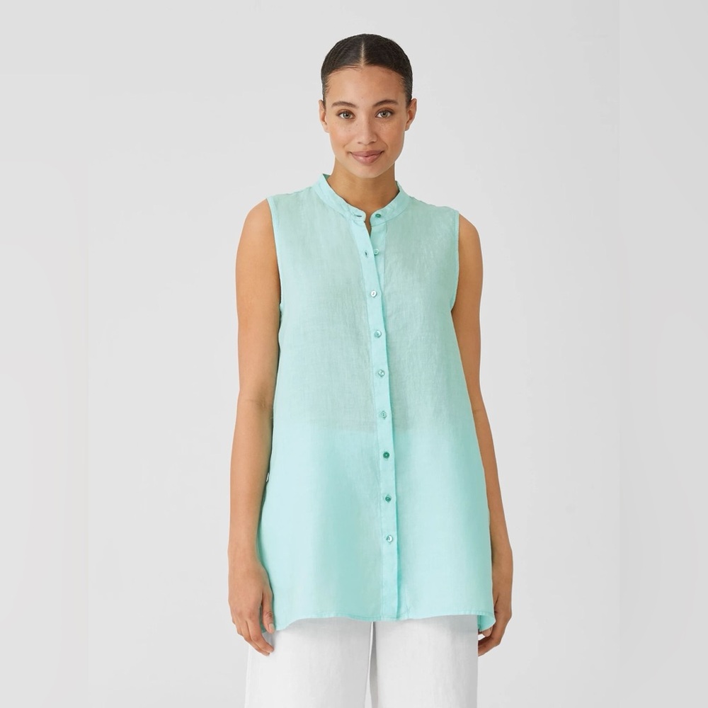 Eileen Fisher Aqua Sleeveless Button Down Mandarin Collar Top Size Medium